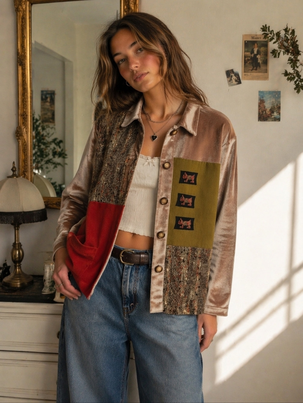 RAFAEL Jacket Womens Large Brown Red Patchwork Cat Applique Vintage Boho NEW